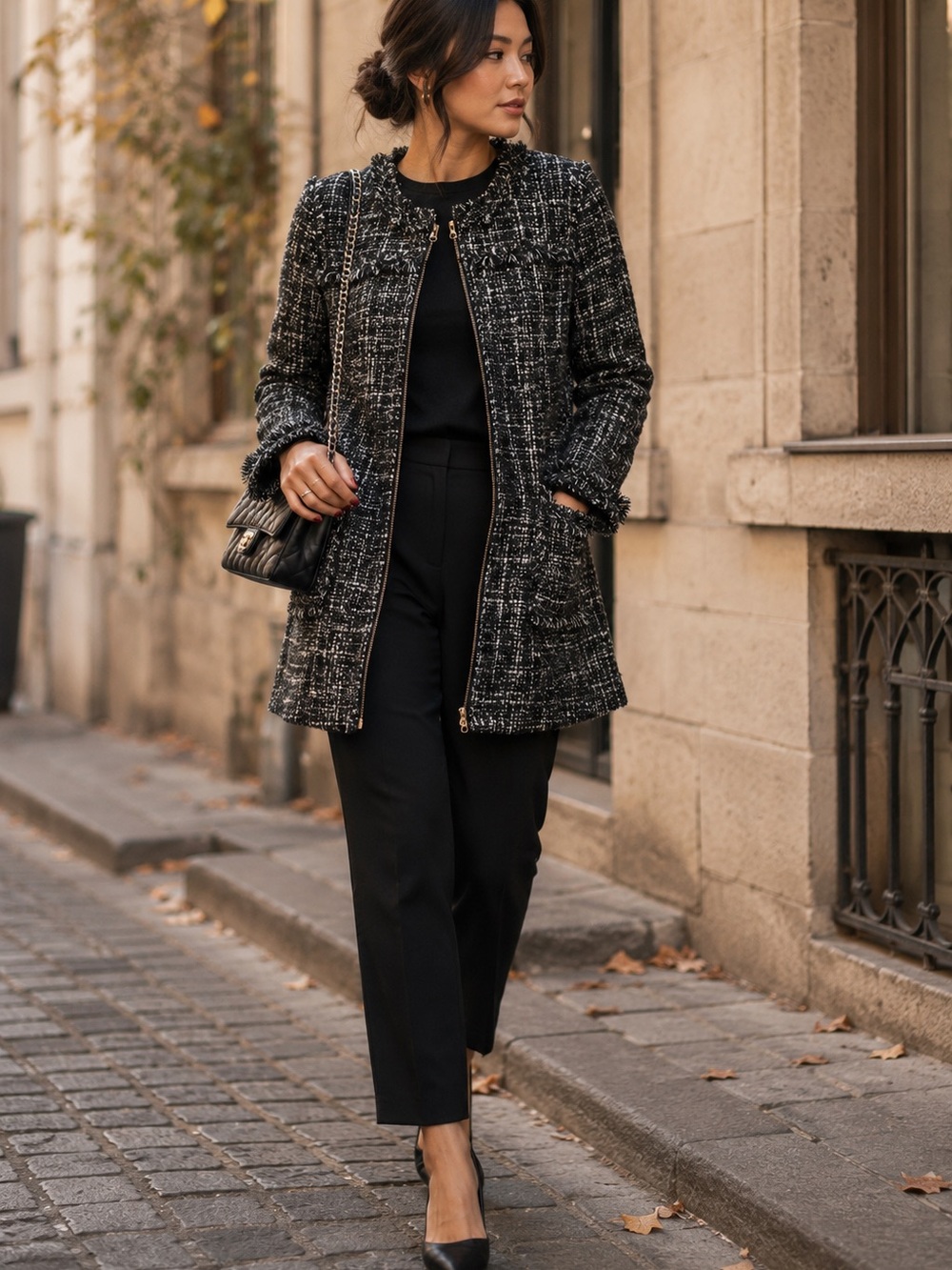 J. Crew Black White Tweed Zip Front Pea Coat Fall Career Chic Classic Size 14